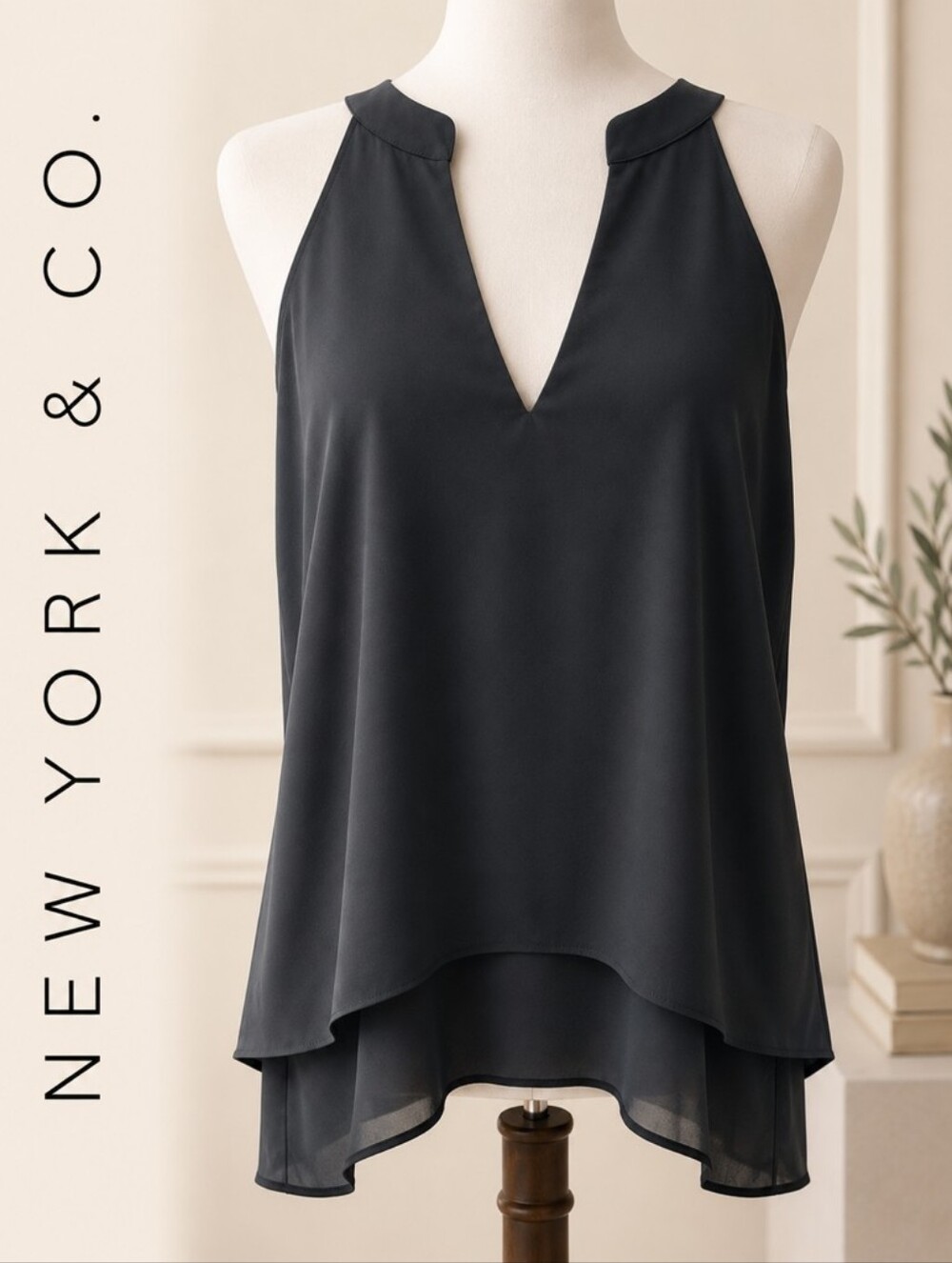New York & Company Black Double-Layer V-Neck Halter Tank